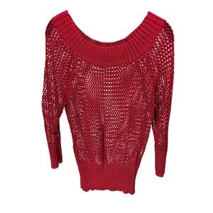 The Limited Sweater Womens L Red Open Knit Crochet Scoop Neck Rayon Coastal